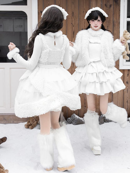 Neckline Hemline White Overdress Tulle with Fleece Sheer and