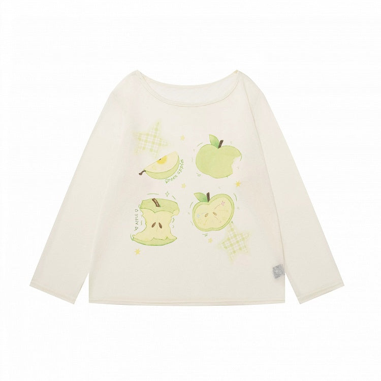Breathable Apple-Print Long Sleeve Kawaii Top in Apricot for Warm Weather - Languid Park