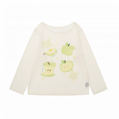 Breathable Apple-Print Long Sleeve Kawaii Top in Apricot for Warm Weather - Languid Park