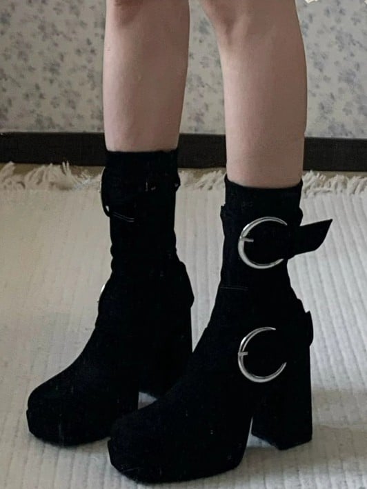 Toe Black Design Block Square Platform High Boots Heel with