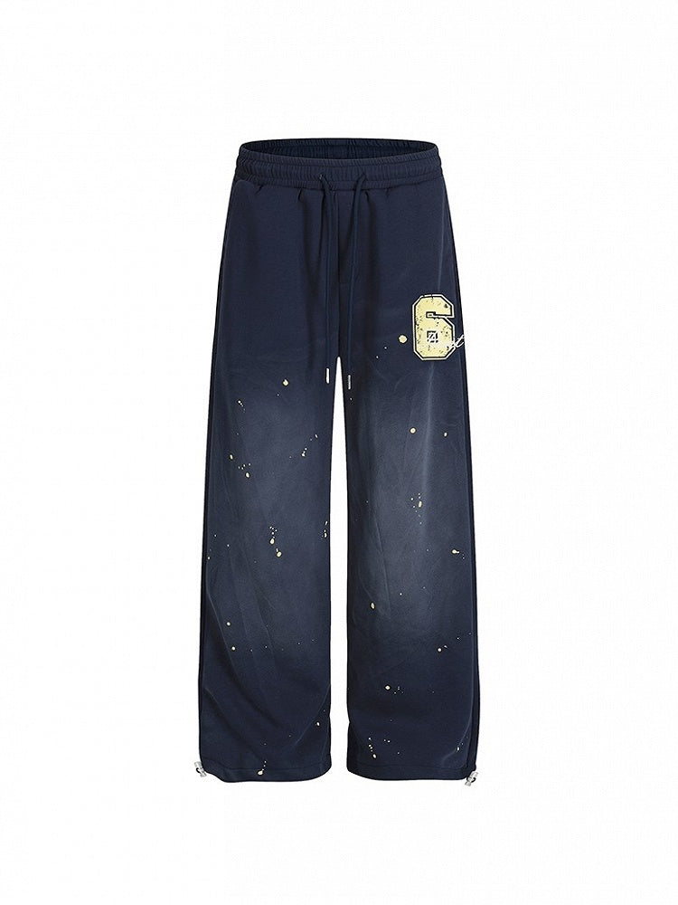 Vintage Blue Wide-Leg Sweatpants with Yellow '6' Print & Paint Splatter | J-Fashion