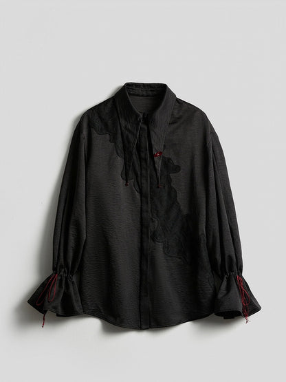 Brooch Red Button Black Drawstring Decoration Shirt Urban Pattern Goth with Subtle