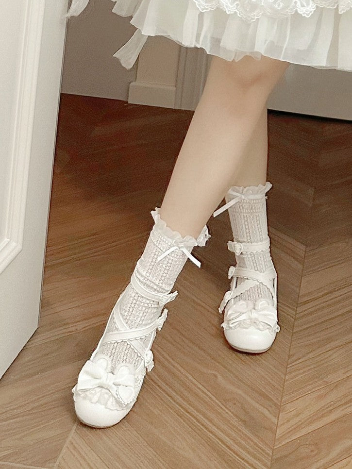 White Low-Heel Mary Janes with Crisscross Straps by Sheep Puff