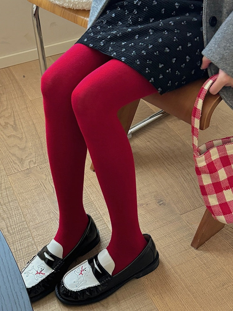 赤/ダークレッドの厚手タイツ