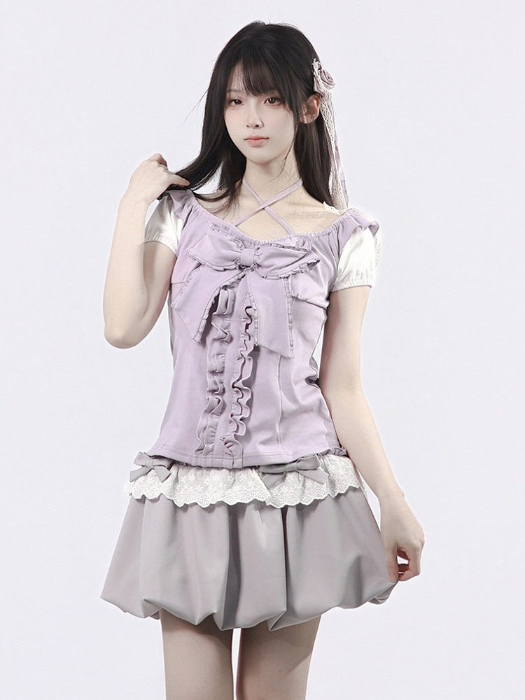 Dusty Purple Halter Ruffle Bow Top - PINK SAVIOR