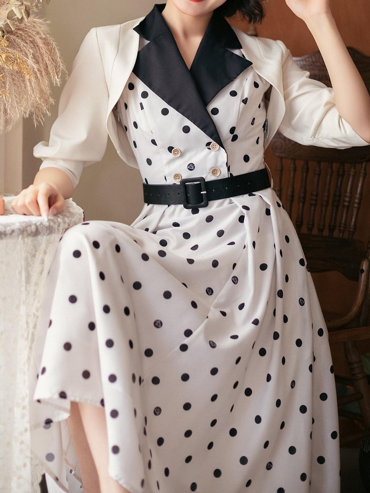Pattern Fashion Dots Retro White Dress 1950s Collar Polka Blazer and Black