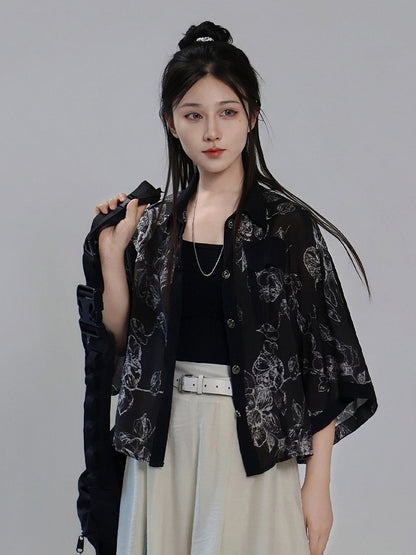 Black Ink Wash Floral Short Sleeve Tencel Shirt and Camisole Set - Feng Hua Gui Guo Ling