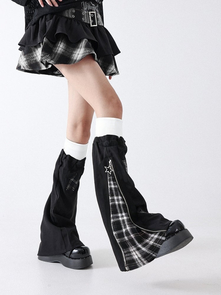 Black and White Y2K Plaid Leg Warmers with Star Decoration - Solost