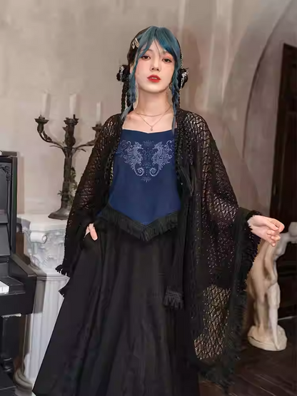 Seepferdchen-Cheongsam-Oberteil und Cami-Saum-Stil, Quaste, dunkle Stickerei, Korallenblau