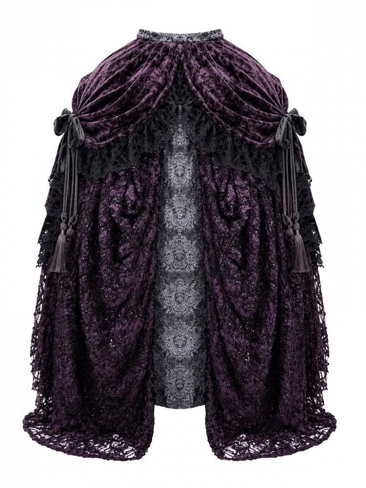 Gothic Gray & Purple Floral Lace Skirt Set with Velvet Overlay, Detachable Bows & Tassel Drawstring - Blood Supply