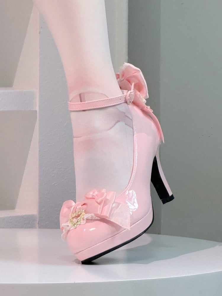 PU Closure Janes Heeled Top Elegant Heart Mary Lolita Bow Pink Lace - Trim Snap with