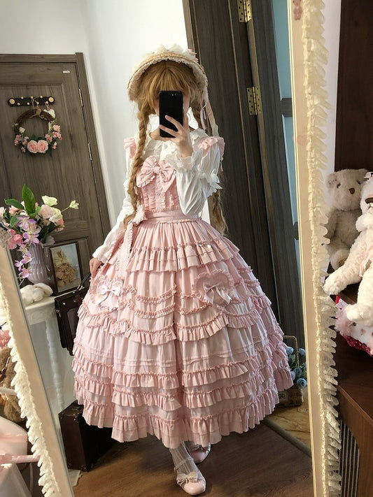 Sweet Multi-Layer Lolita Only JSK Dress Bow + Ruffle Hairband Pink / Detail Belt with