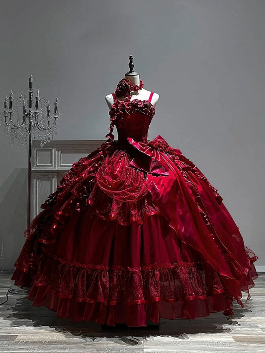 Hanayome Taillenstäbchen Bodenkorsett Länge Kleid Hime Kleid Rot Ball Lolita