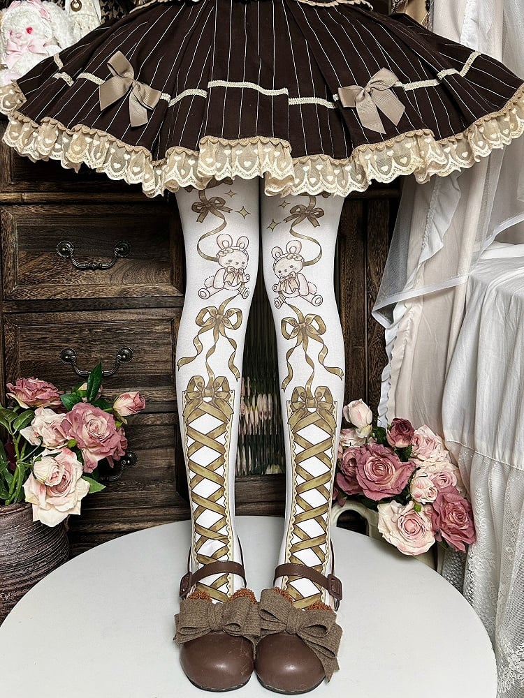 Bow And Blue/Brown Pink Tights Bunny Print Lolita Sweet