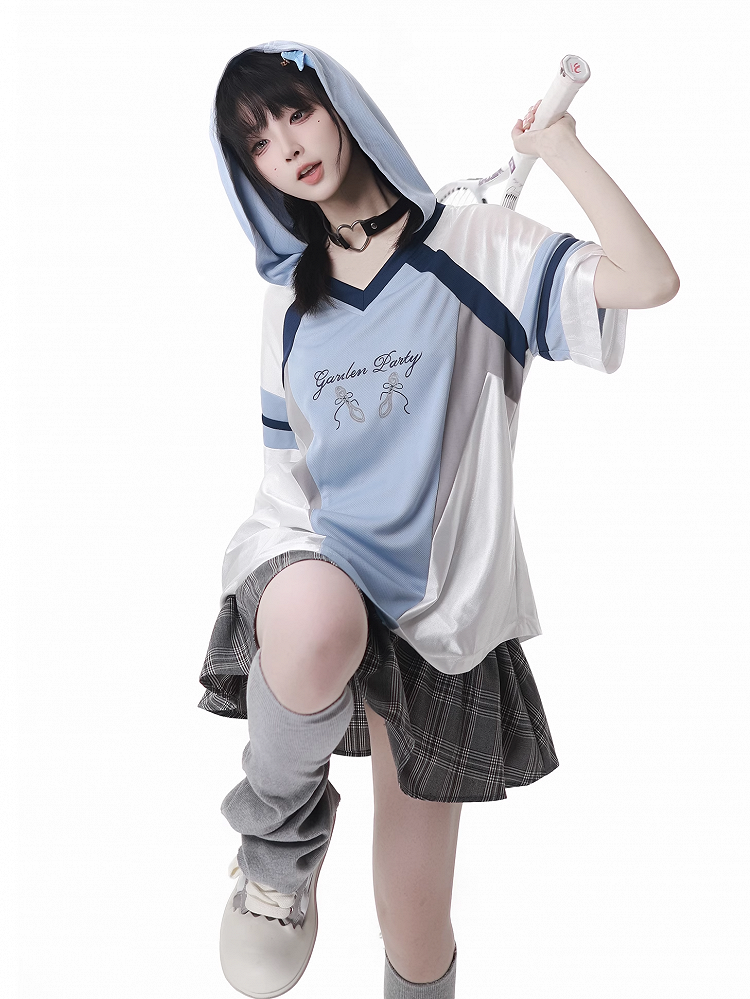 Blue Colorblock Design V-neck Blokette Core Hooded T-shirt