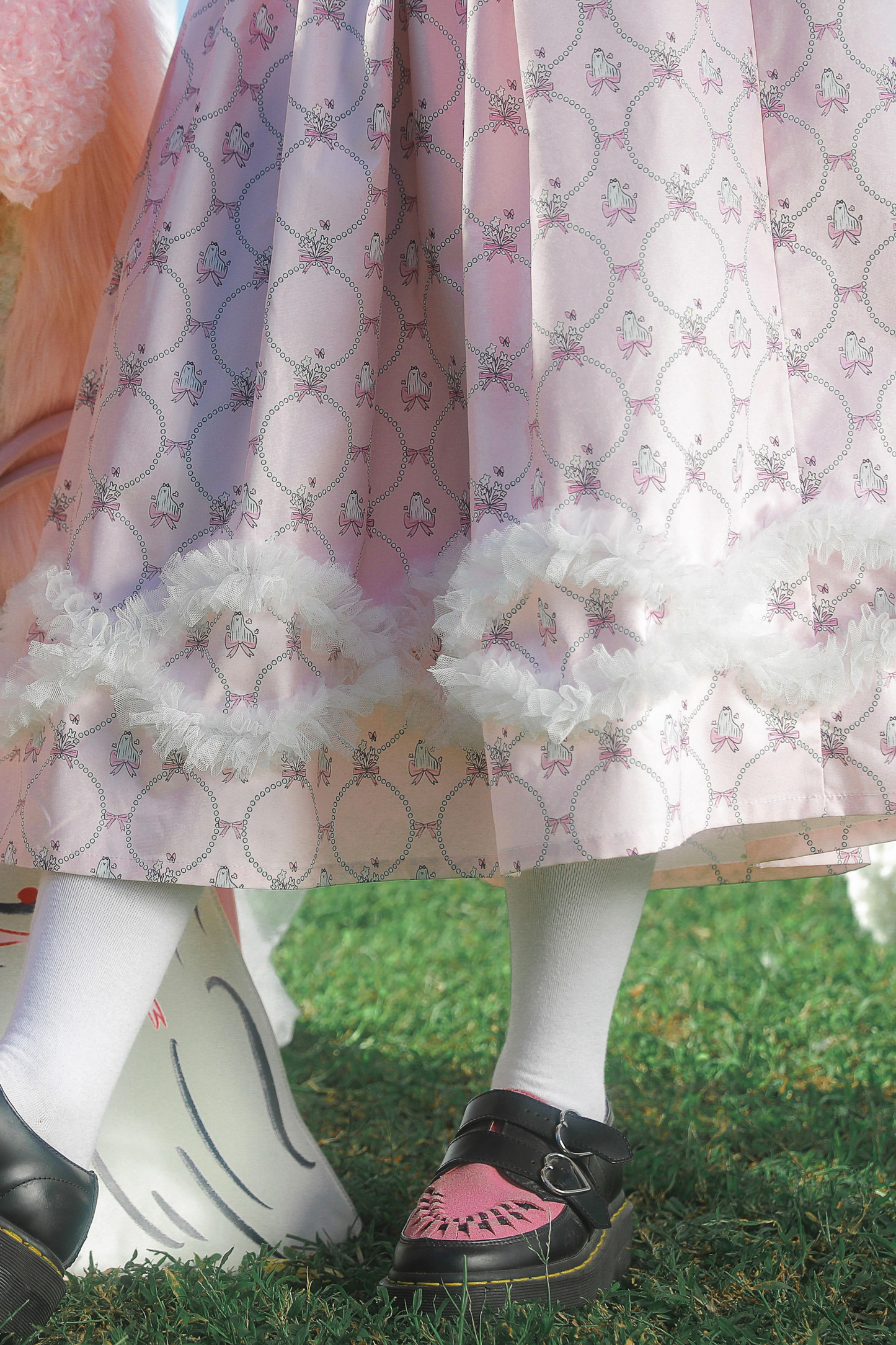 メッシュパールウェーブプリントピンクアニマルスカート