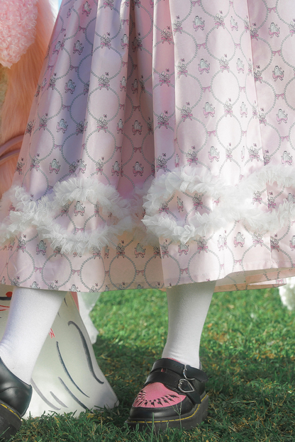 メッシュパールウェーブプリントピンクアニマルスカート