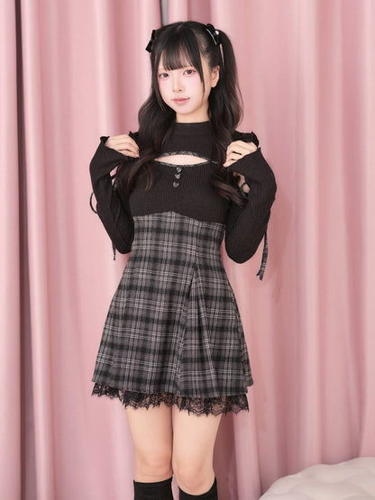 Black Cut-Out Shoulder Knit Plaid Dress with Lace Trim - No Genki