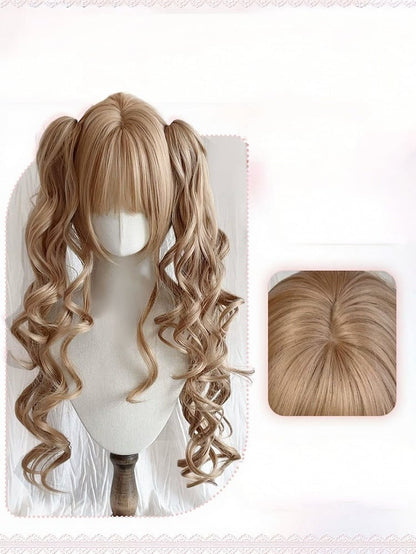 Linen Brown Wig with Bangs and Long Wavy Twin Tails Clip - Meow Island Wig