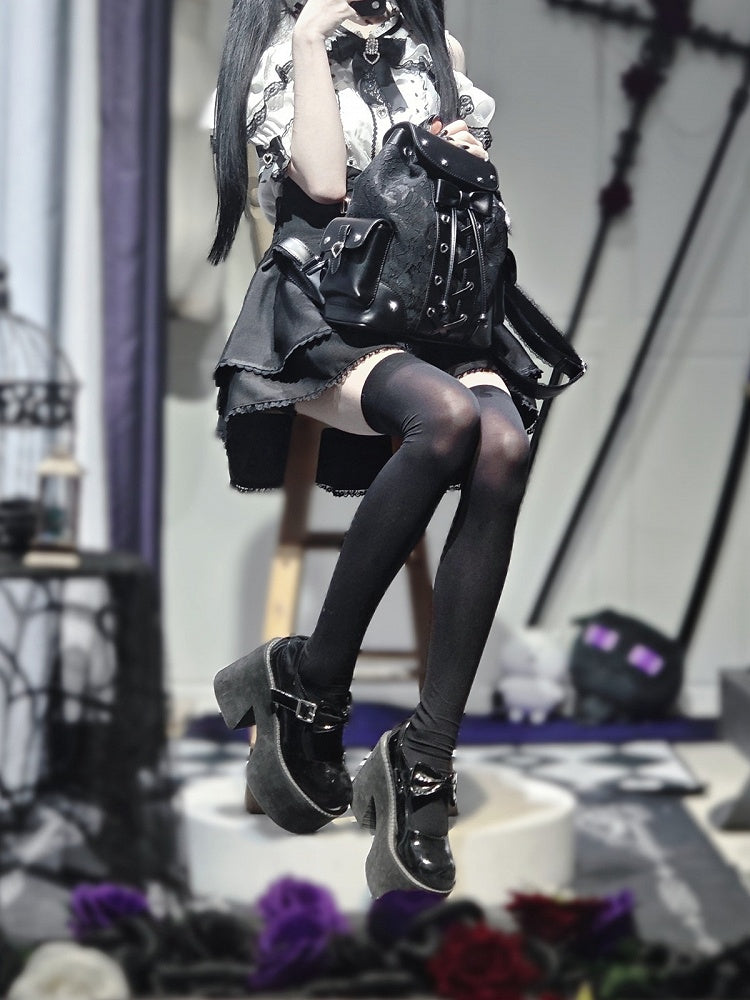 Jirai Kei Backpack with Heart Pendant, Lace Flap, Studs & Bowknot - Miao Lei Dian Bo