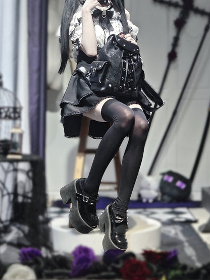 Jirai Kei Backpack with Heart Pendant, Lace Flap, Studs & Bowknot - Miao Lei Dian Bo
