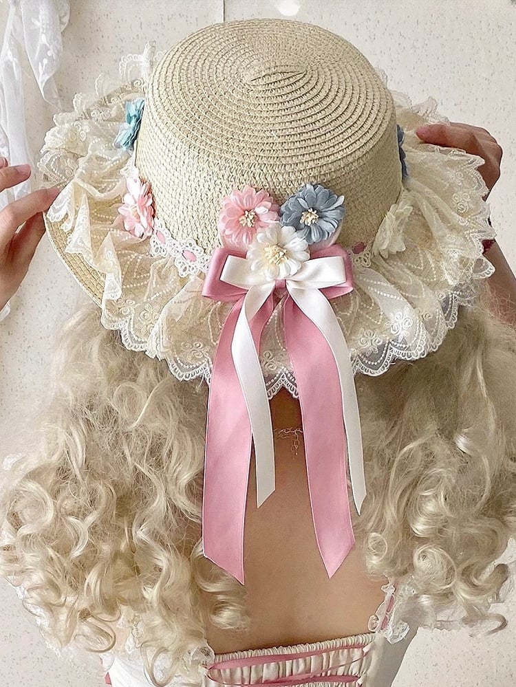 Hat Bow and with Straw Lolita Embellishments Flower Lace-trimmed