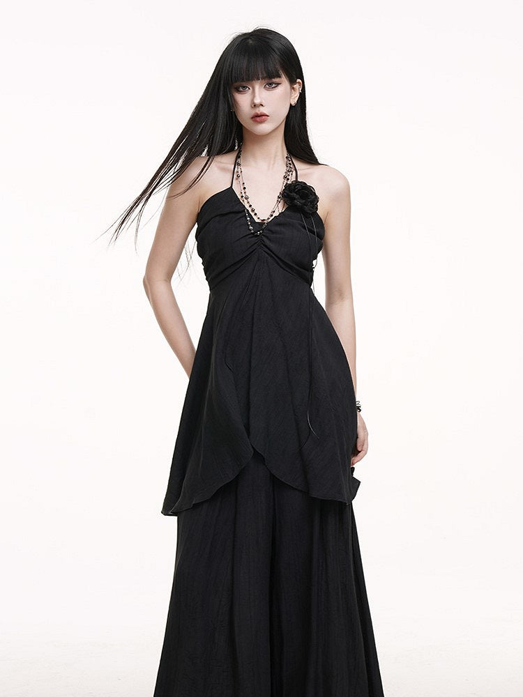 Top Bust Detail Ruched with Slit Cami Center Gothic Black Halter