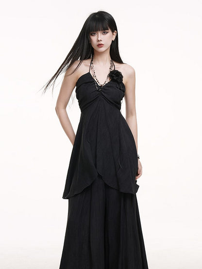 Top Bust Detail Ruched with Slit Cami Center Gothic Black Halter