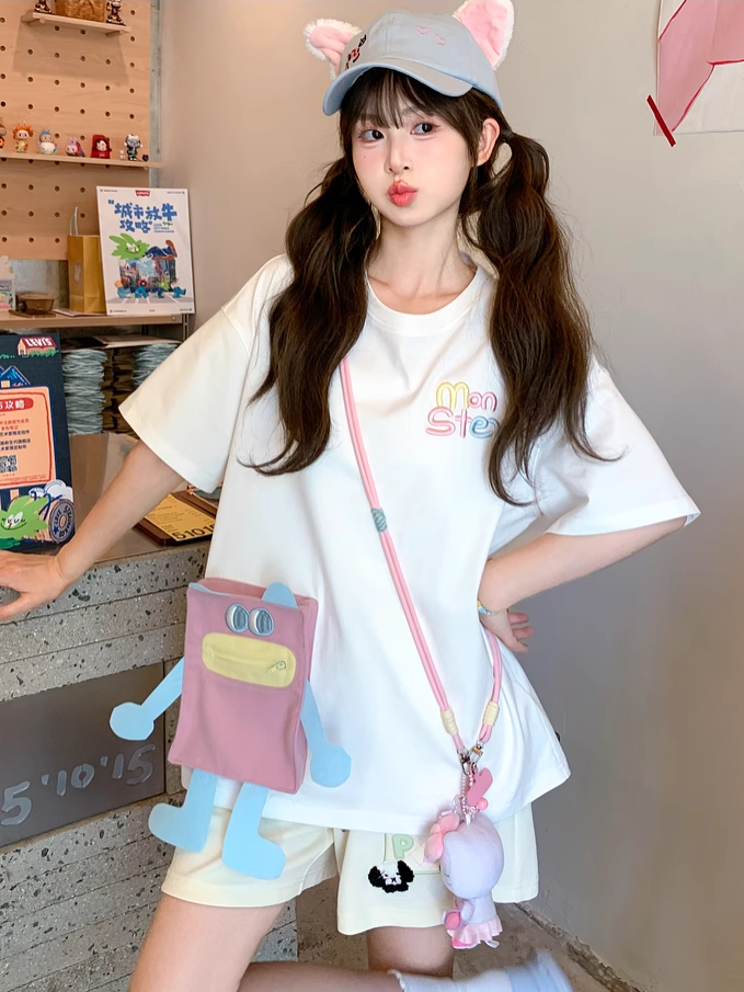 T-Shirt Blau/Rosa Hals Lose Cartoon Tasche Weiß Rund