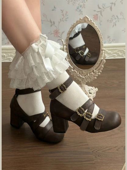 Brown Round-Toe Shoes with Square Buckle Straps and 6cm Heel - Dita Lolita Shoes