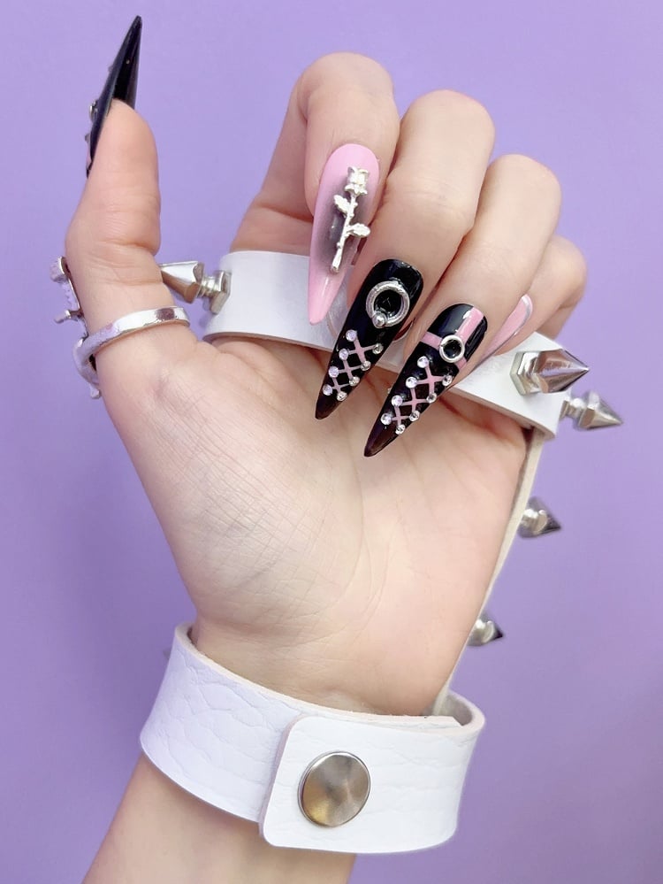 PU Bracelet Studs With Pink/White/Black Y2K Metal Punk