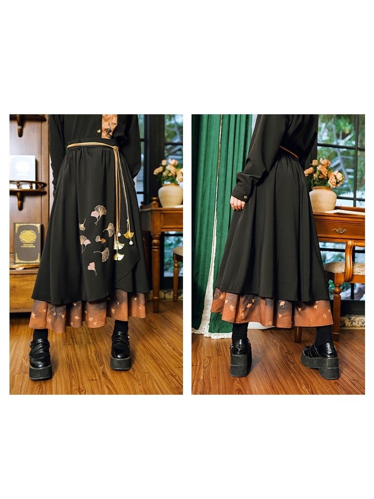 Cheongsam with Skirt Asymmetrical Layers Black Print Gothic Ginkgo Orange