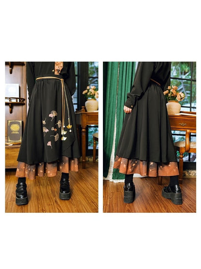 Cheongsam with Skirt Asymmetrical Layers Black Print Gothic Ginkgo Orange