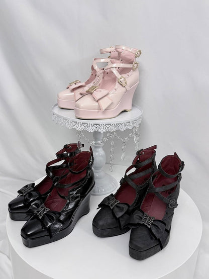 Pink Gothic Lolita Polished Shoes with Butterfly Bow & 10cm Slope Heel - sphenoid