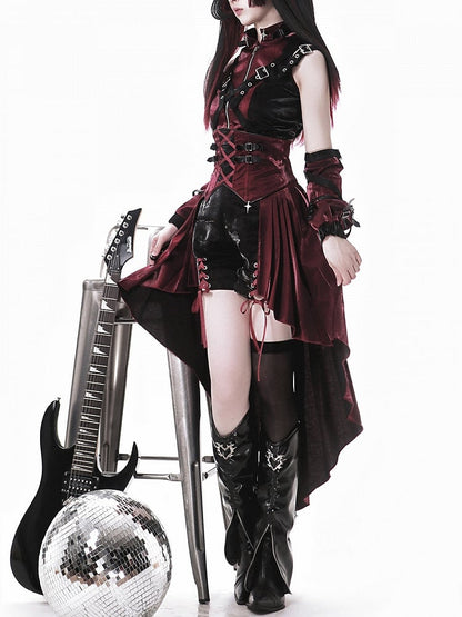 Lolita + Shorts Punk Top Skirt Full High-low Red and Set Black Sleeves Overall Sleeveless - Idol