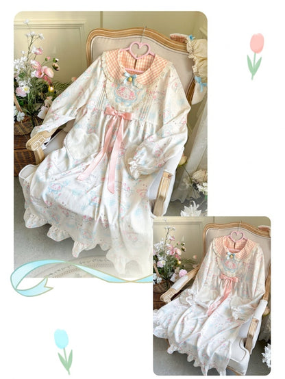 ホワイトチェック柄ピーターパンカラーのキュートな羊柄ナイトドレス