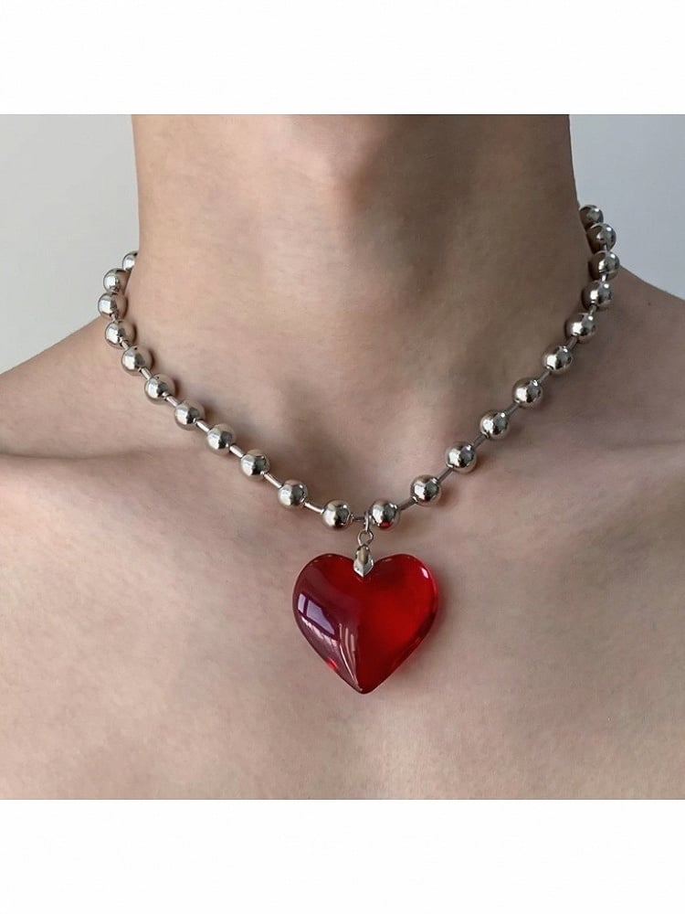 Ruby Heart Pendant Bead Necklace - YSHXS