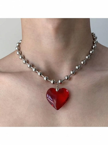 Ruby Heart Pendant Bead Necklace - YSHXS