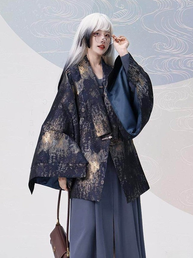Vent Golden Button Back Unisex Cuffs Chinese Blazer Snap Single Design Style - Navy Blue