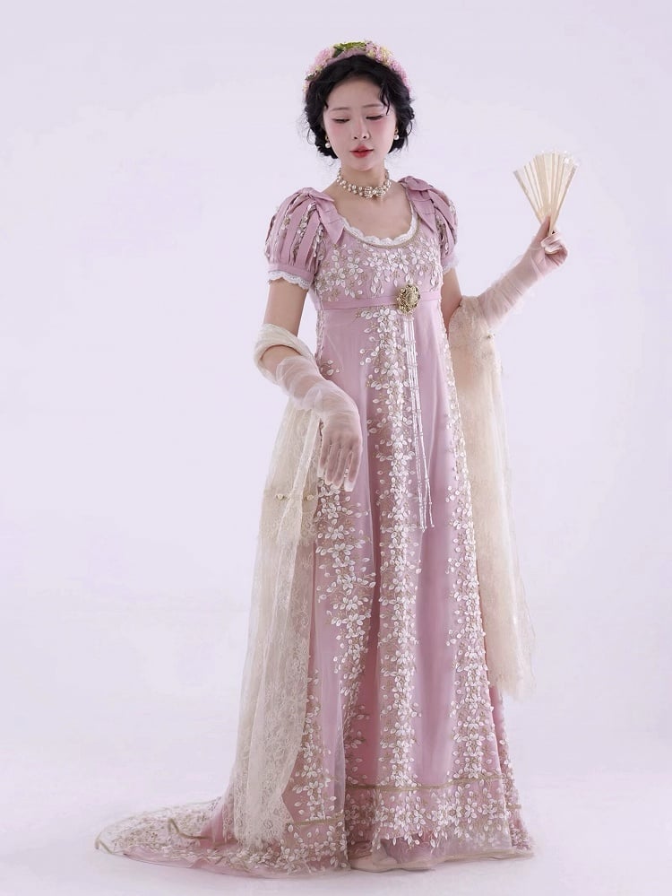 Rosa Empire Taille Floral Elegantes Lolita Maxikleid Bodenlange Version