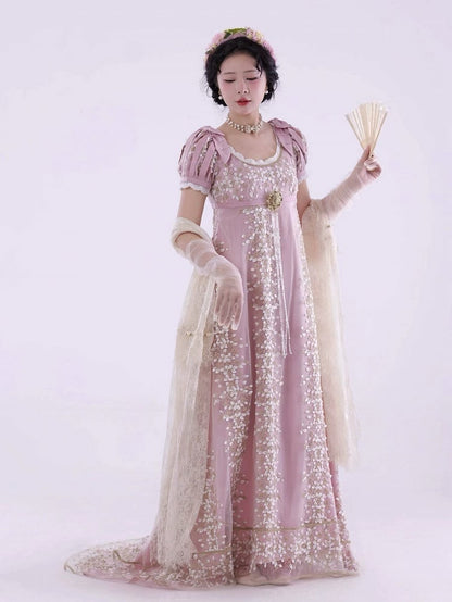 Rosa Empire Taille Floral Elegantes Lolita Maxikleid Bodenlange Version