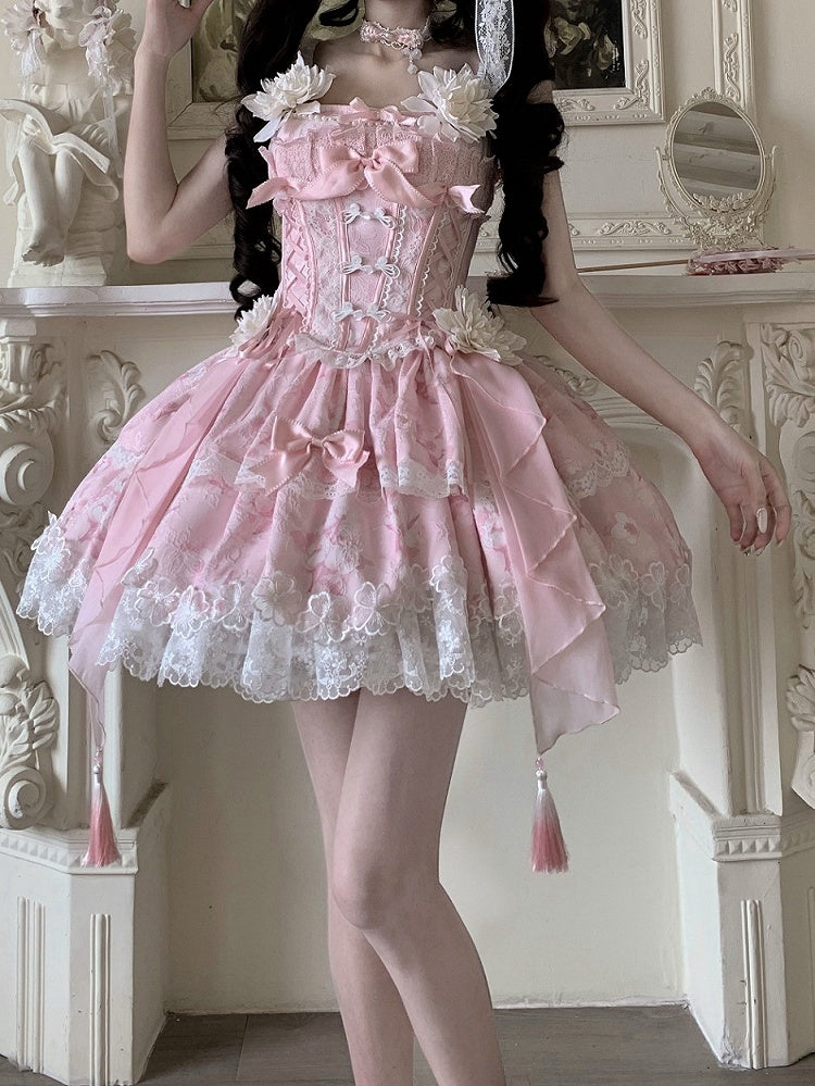 Pink Frog Version Print Jasmine-Embellished Lolita Buttons Short Corset with + Floral Top Skirt