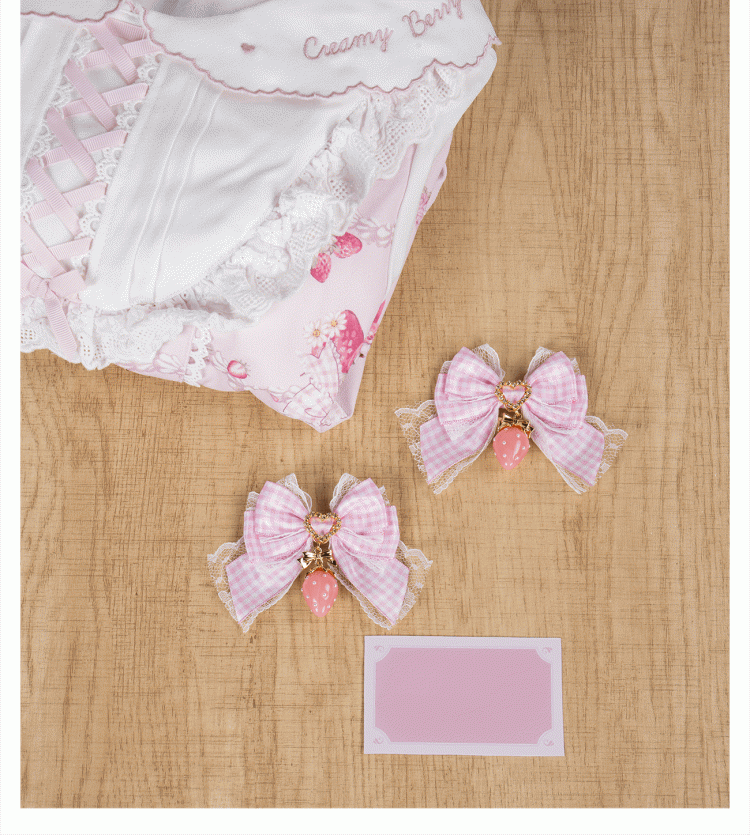Lolita Sweet Bowknot Kei Plaid with Charm Red/Pink/Black Strawberry Hairclips Jirai - Style