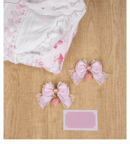 Lolita Sweet Bowknot Kei Plaid with Charm Red/Pink/Black Strawberry Hairclips Jirai - Style