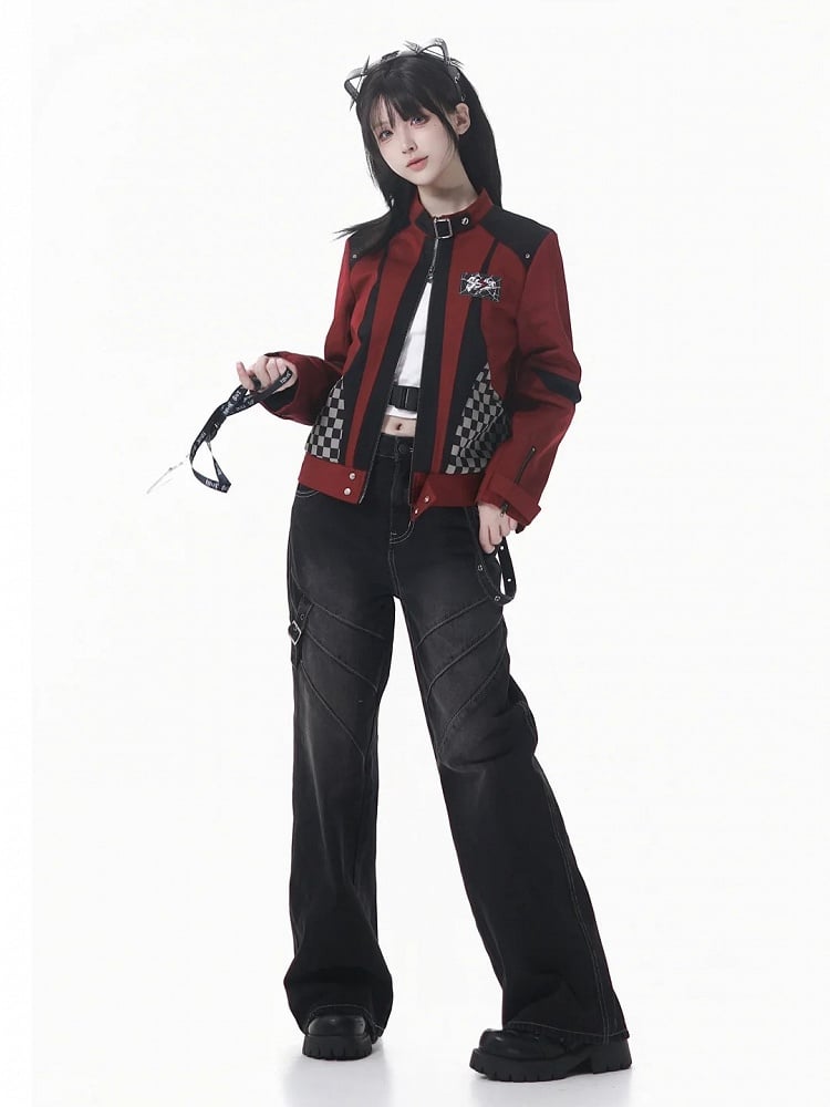 Futuristic Zipper Checked Red with Colorblock Black Jacket Inverted Techwear Motor