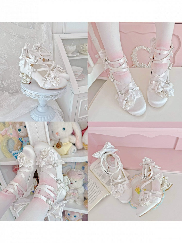 Satin Black-White Butterfly Knot Lolita Heels with Heart Buckle