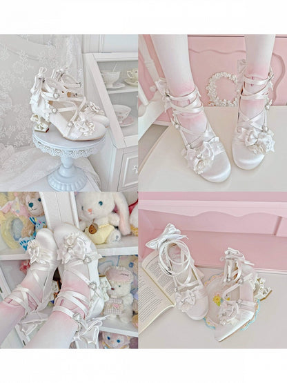 Satin Black-White Butterfly Knot Lolita Heels with Heart Buckle