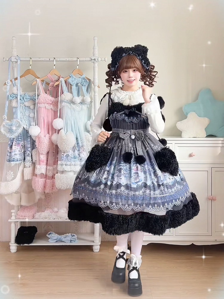 Black Lolita Jumper Dress Penguin Snowball Winter Plush Heart Pocket Theme - Lineall Cat