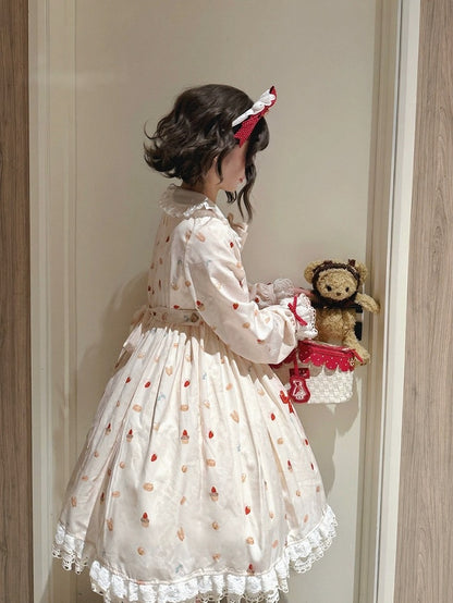 Peter Pan Collar Bear & Cake Print OP Dress with Bow - Honey Village