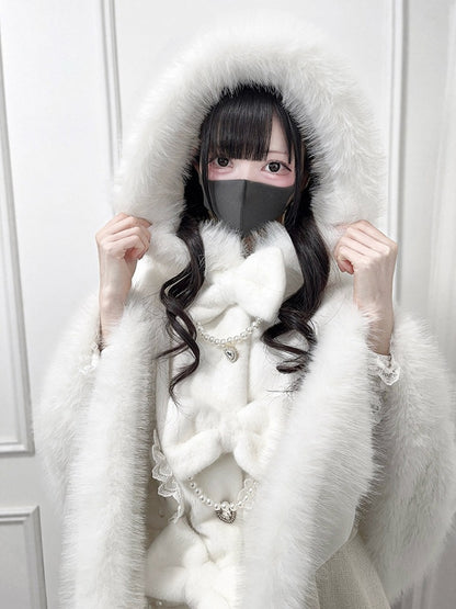 Hooded Bow with Decor Bead Kei White Cape Furry Chain Jirai